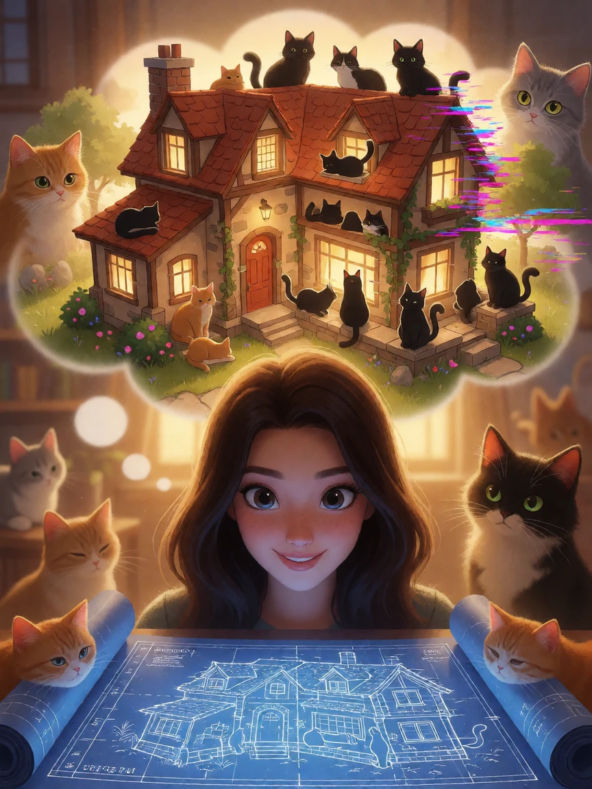 Beautiful woman dreams of a detailed blueprint for the perfect house full of cats. Cyber glitched