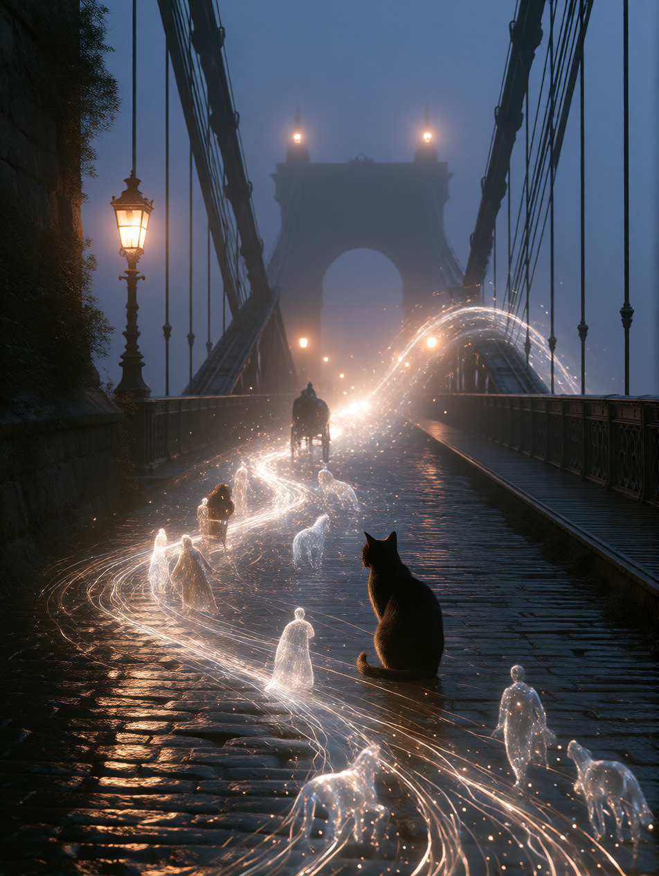 Surreal, mysterious fine-art image showing the sound an old bridge makes as it remembers weight. An ancient iron-and-stone arch bridge over a still bl