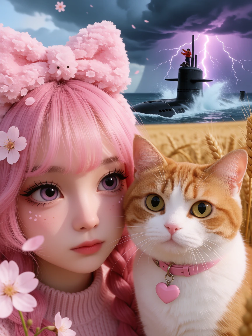 Photorealistic closeup crazy girlfriend and her cat witness a submarine surfacing in a wheat field, kawaii cherry blossom style, lightning storm style
