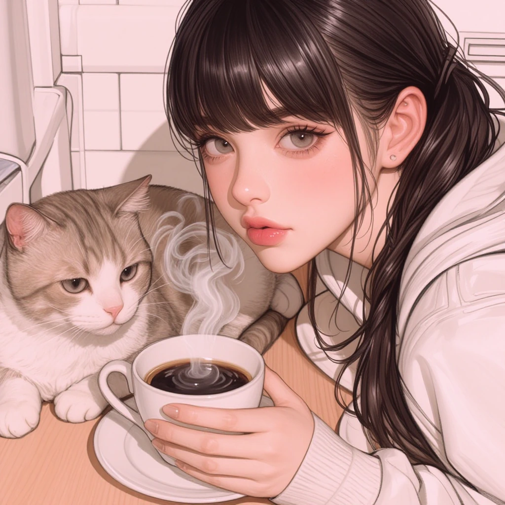 Beautiful woman in the kitchen getting her morning coffee. Cat nearby, pastel colors, anime photography mixture, Japanese inspired manga style, airbrushed soft ink outlined photograph