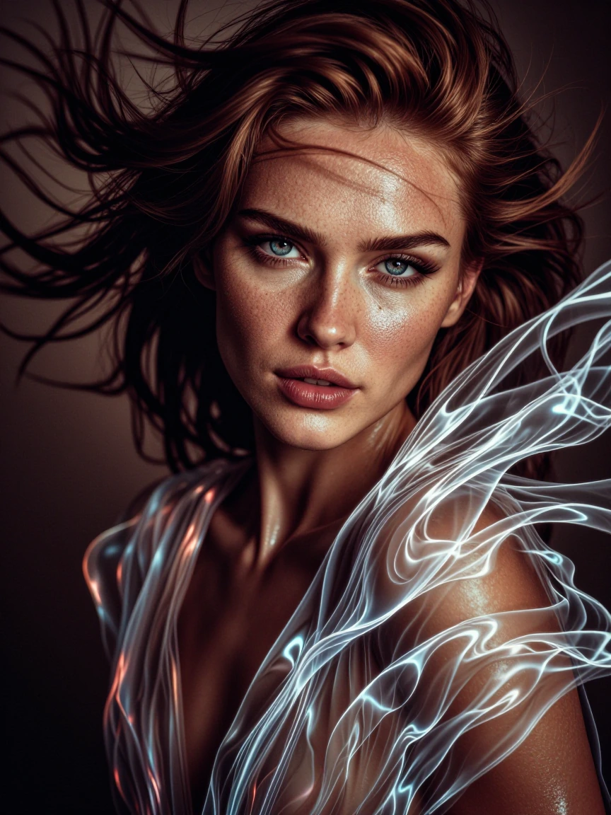 ​An anamorphic breathtakingly beautiful woman in a poised, regal stance, gaze fixed on the viewer with "breaking-the-fourth-wall" intensity, appearing