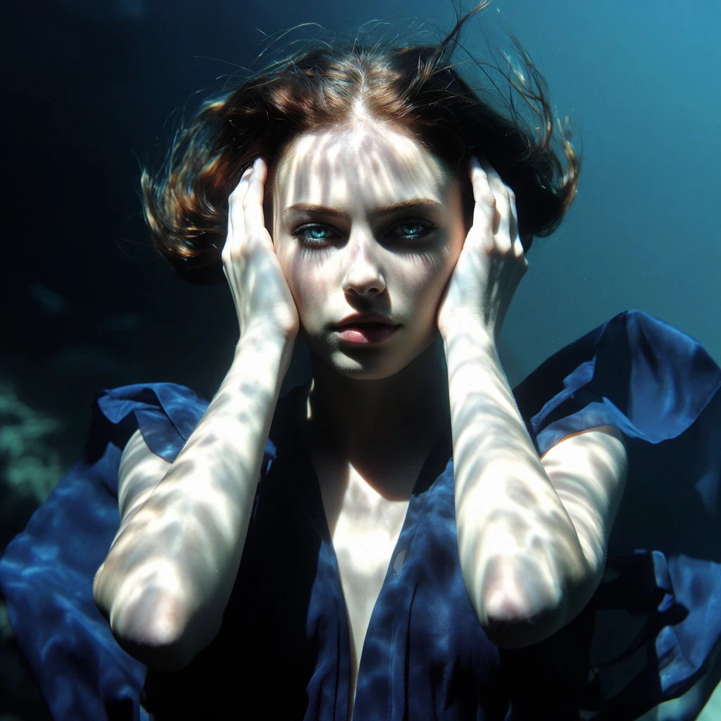 beautiful woman covering her ears floating underwater, blue dress blue water, blue eyes, pale skin