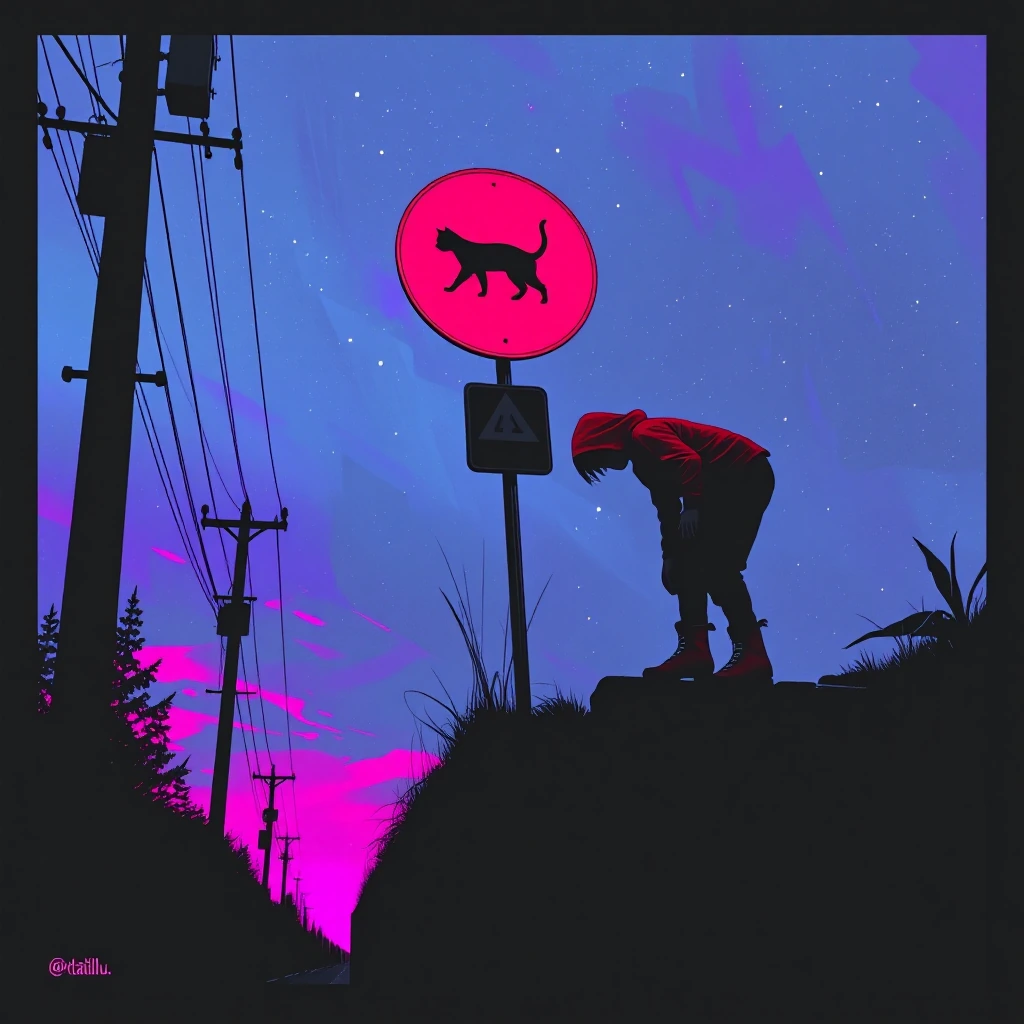 aliasing, n4tdatillu, road sign, cat, utility pole, grey sky, border, sign, staff, star sky, inline skates, 1boy, androgynous, red hood, skating, from side, bent over, looking at cat, looking down, looking at another, incredibly absurdres, highres,