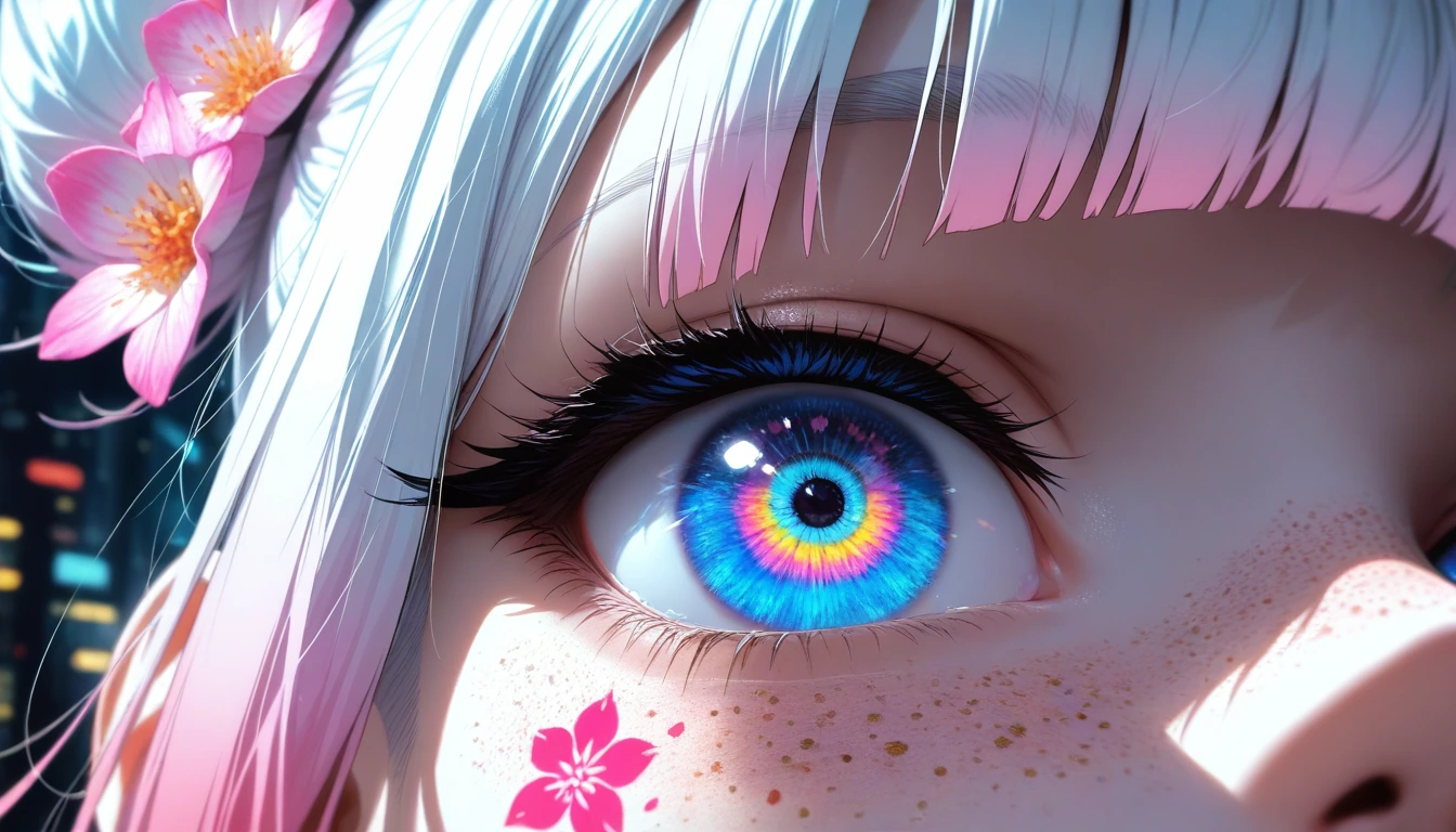 cyberpunk_background, outside, gradient hair, white hair, pink hair, dual buns, twintails, sidelocks, blunt bangs, colorful tattoo, shoulder_tattoo flowers, cybernetics, bare_shoulder, freckles, side view, looking towards viewer, eye focus, blue eye,