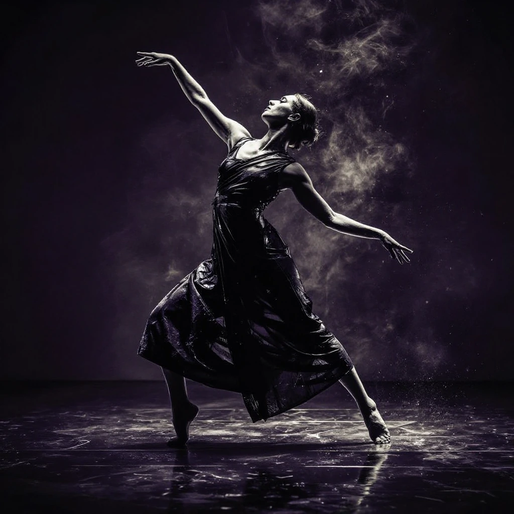 Capture a striking album cover featuring a powerful female dancer frozen mid-movement, her body forming a dramatic silhouette against a deep, moody ba