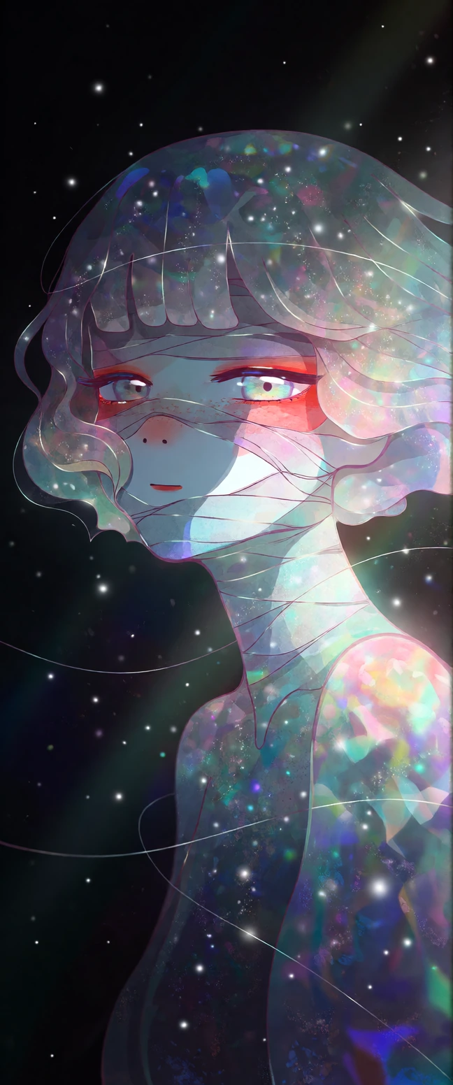 A semi-translucent, ethereal figure in a dark, surreal, dreamlike void. Details: - The figure has a hauntingly beautiful face wrapped in faint bandages that pulsate and glow. - Incorporate luminous, shimmering threads that symbolize both constraint a