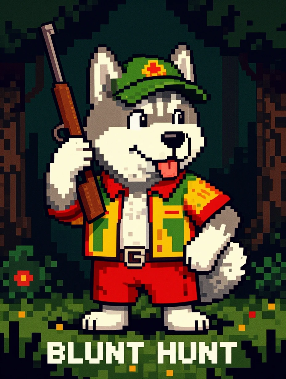 A funny NES 8-bit pixel art scene of an anthropomorphic husky with a goofy, relaxed expression, standing upright like a human. He’s dressed like a hun