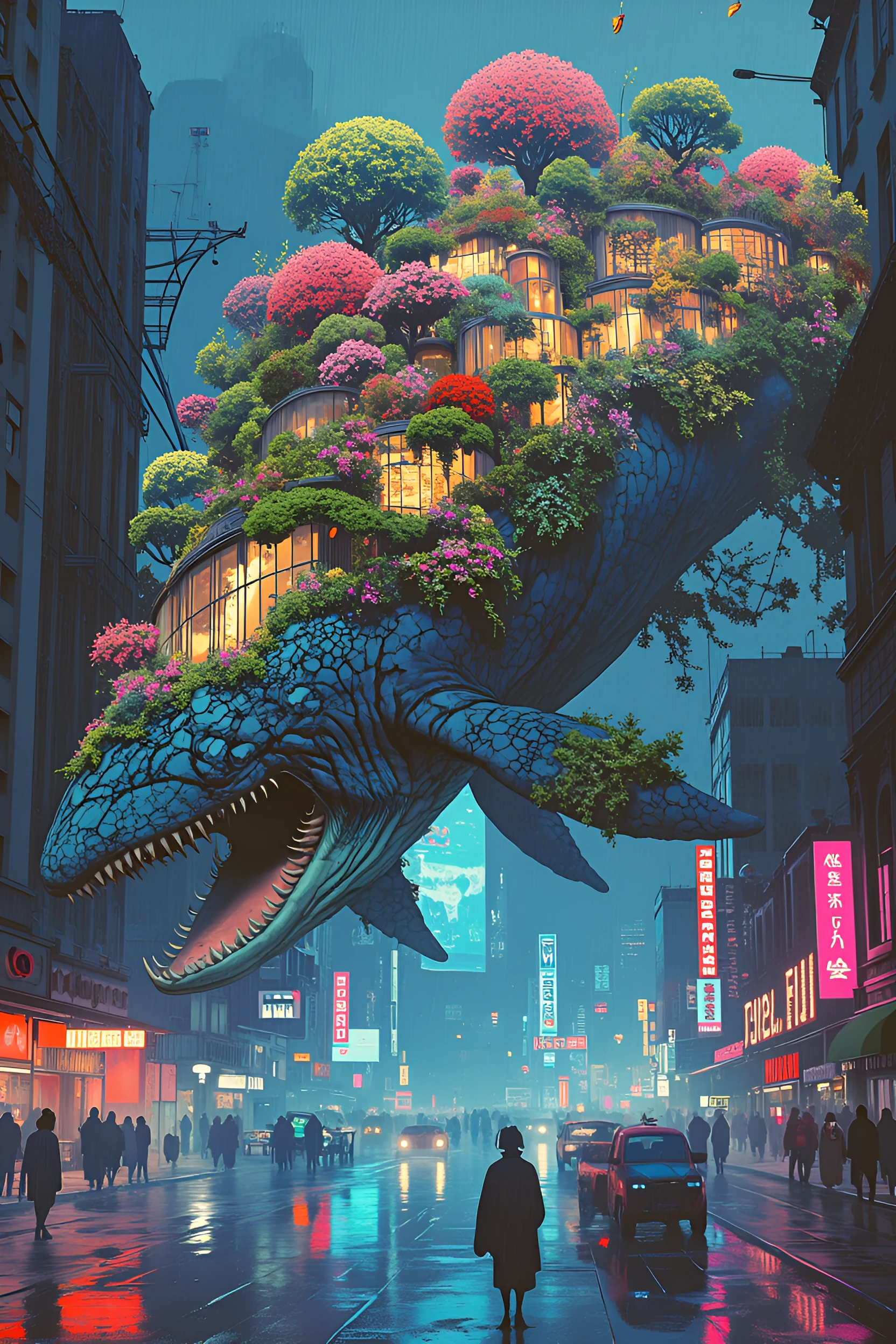 a greenhouse on the back of a whale