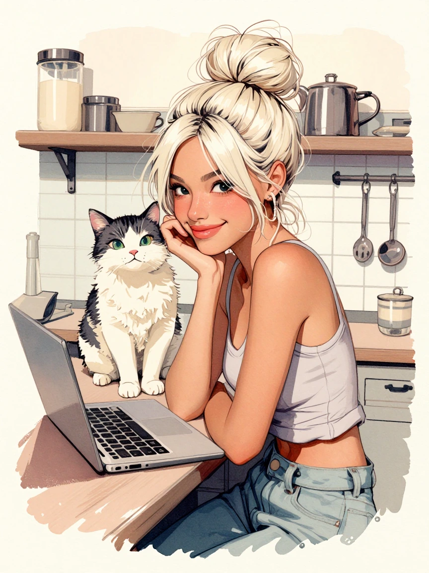 Watercolor sketch, ink outline, pastel colors, happy woman platinum messy bun hair, and cat in the kitchen, coffee. Laptop on counter. Beautiful aesthetic. She looks at the camera and smiles.