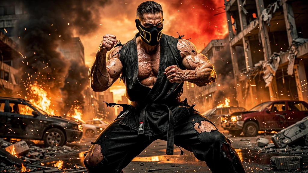 In a scene of intense battle, a formidable martial artist wearing a black gi and a black & gold lower face mask assumes an action stance, his exaggerated musculature highlighted against a backdrop of flames and rubble.