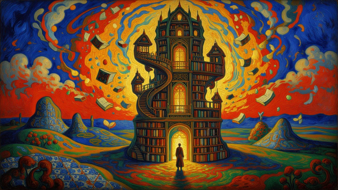 Avant-garde painting in the style of old Portuguese bright surrealism, with thick visible brushstrokes and rich oil paint texture. The scene depicts “