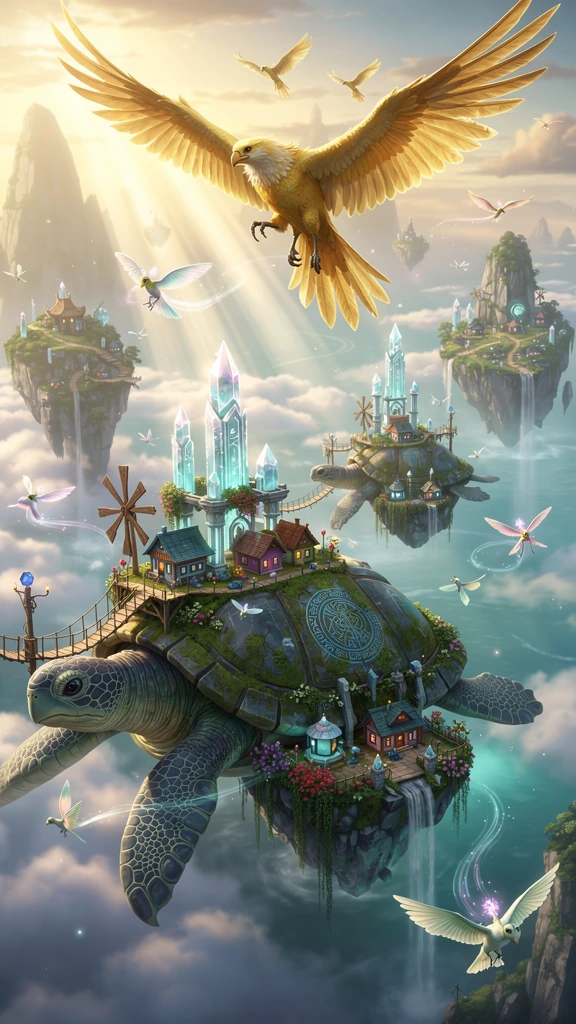 A breathtaking fantasy realm built across the backs of enormous gentle sky turtles drifting above a vast sea of clouds. Each ancient turtle carries a