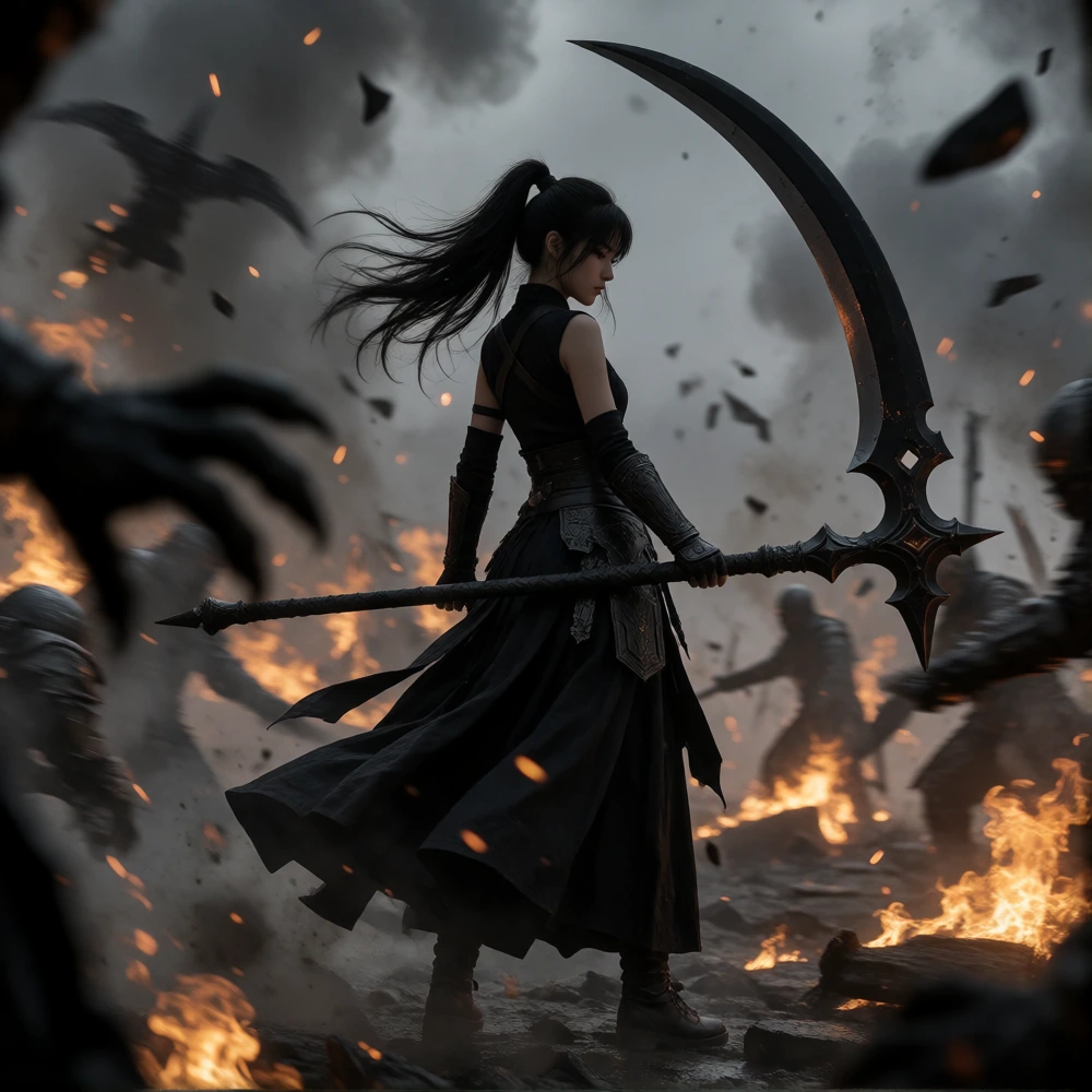 ,w10p, This dark fantasy digital painting depicts a young female warrior standing in the middle of a burning battlefield. She has black hair tied into a long, windblown high ponytail, with loose strands framing her shadowed face. Her body faces towar