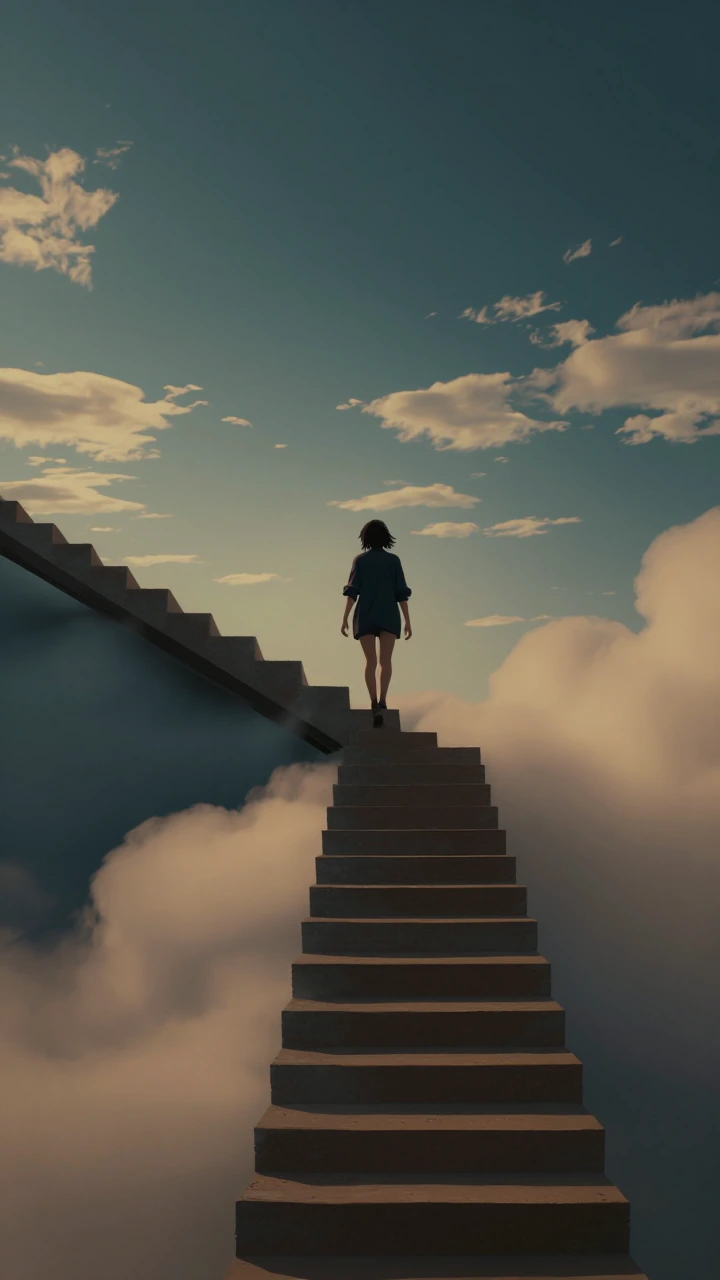 As we walk amongst the clouds, Echos in the breeze, I'll follow your every step, on a staircase that ends in yesterday.