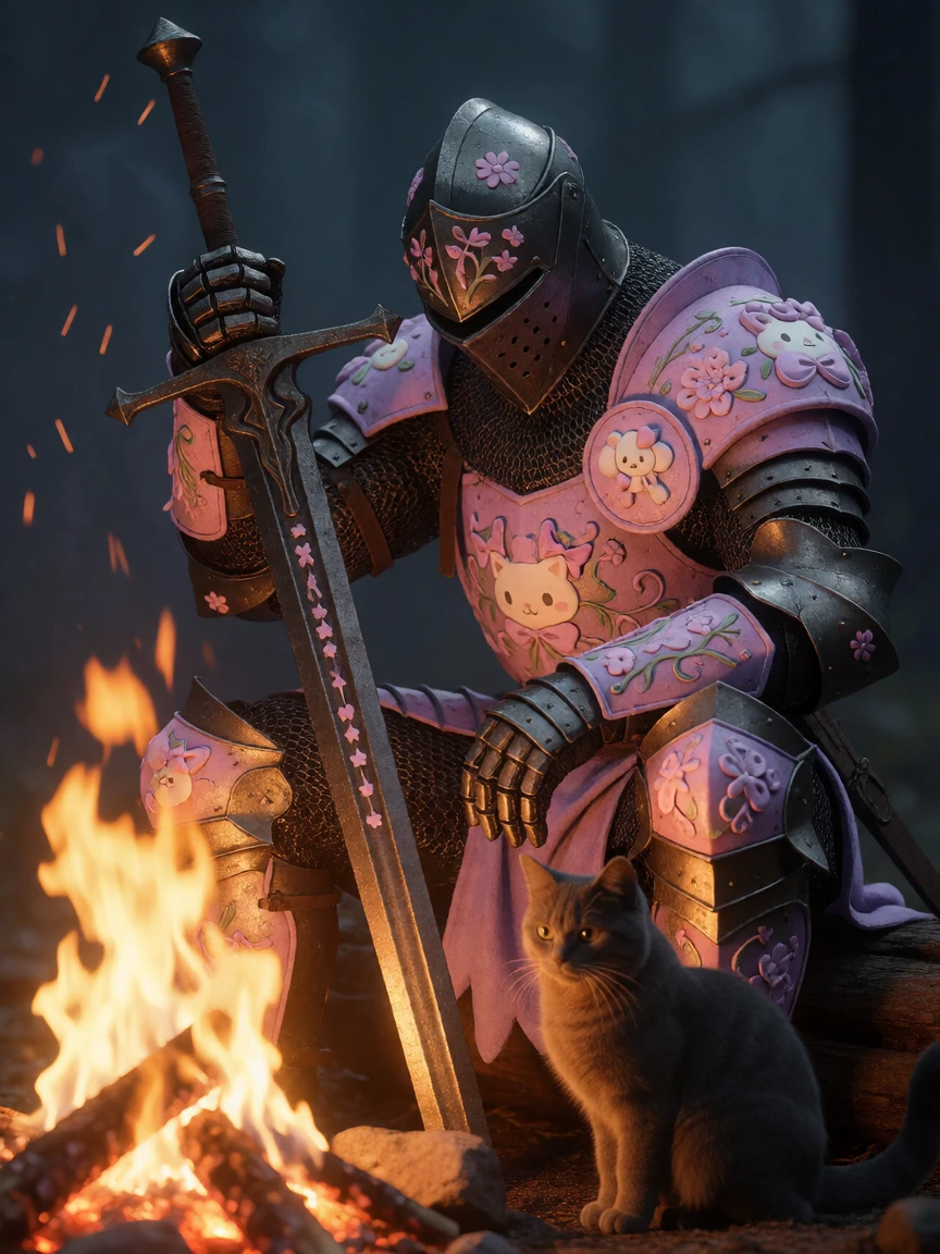 Dark Souls knight with a cat at a campfire. Huge sword, pink lavender floralpunk photorealistic , kawaii designs on armor