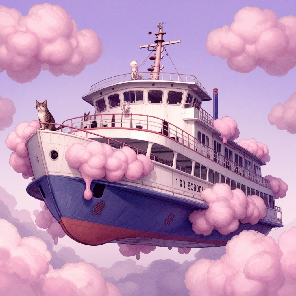 A massive art deco ferry suspended in cotton candy clouds painted in impossible purples and pinks, a tabby cat perched on the bow with knowing eyes, art deco railings melting like taffy, surreal watercolor style