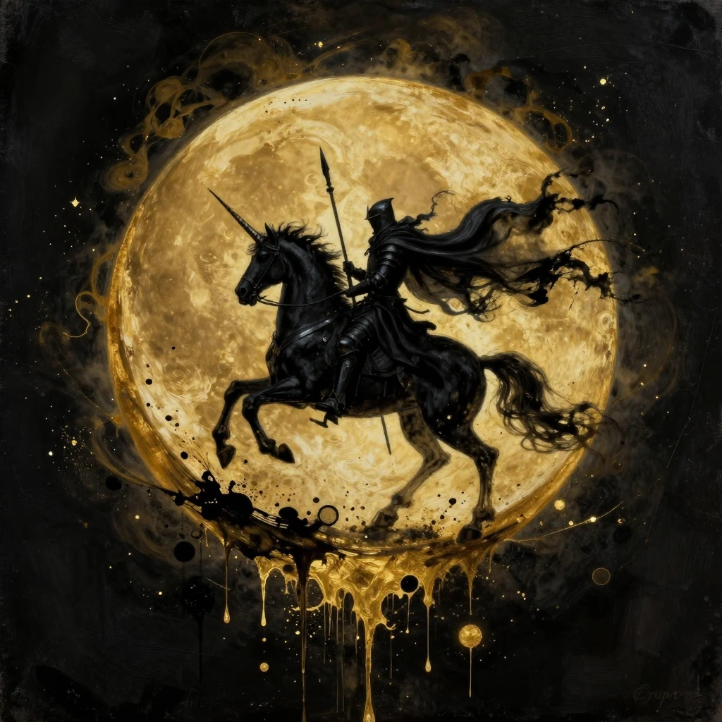 A dark fantasy ink and gold splatter painting on a deep black canvas. At the center, a monumental, textured golden crescent moon, formed from swirling, nebulous gold clouds and celestial dust, fills the frame. A lone, full-armored black knight with a