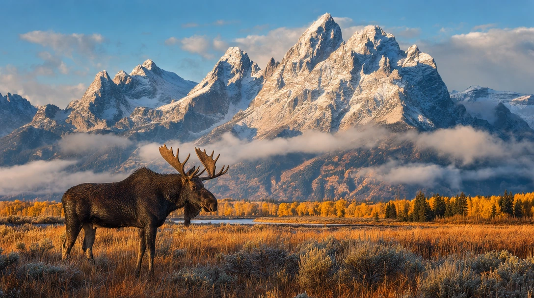Capture a sweeping autumn landscape of the Grand Teton mountain range in Wyoming, with the jagged peaks dusted in the season's first light snowfall, white powder clinging to the upper ridgelines and rocky faces while lower slopes blaze in amber, burn