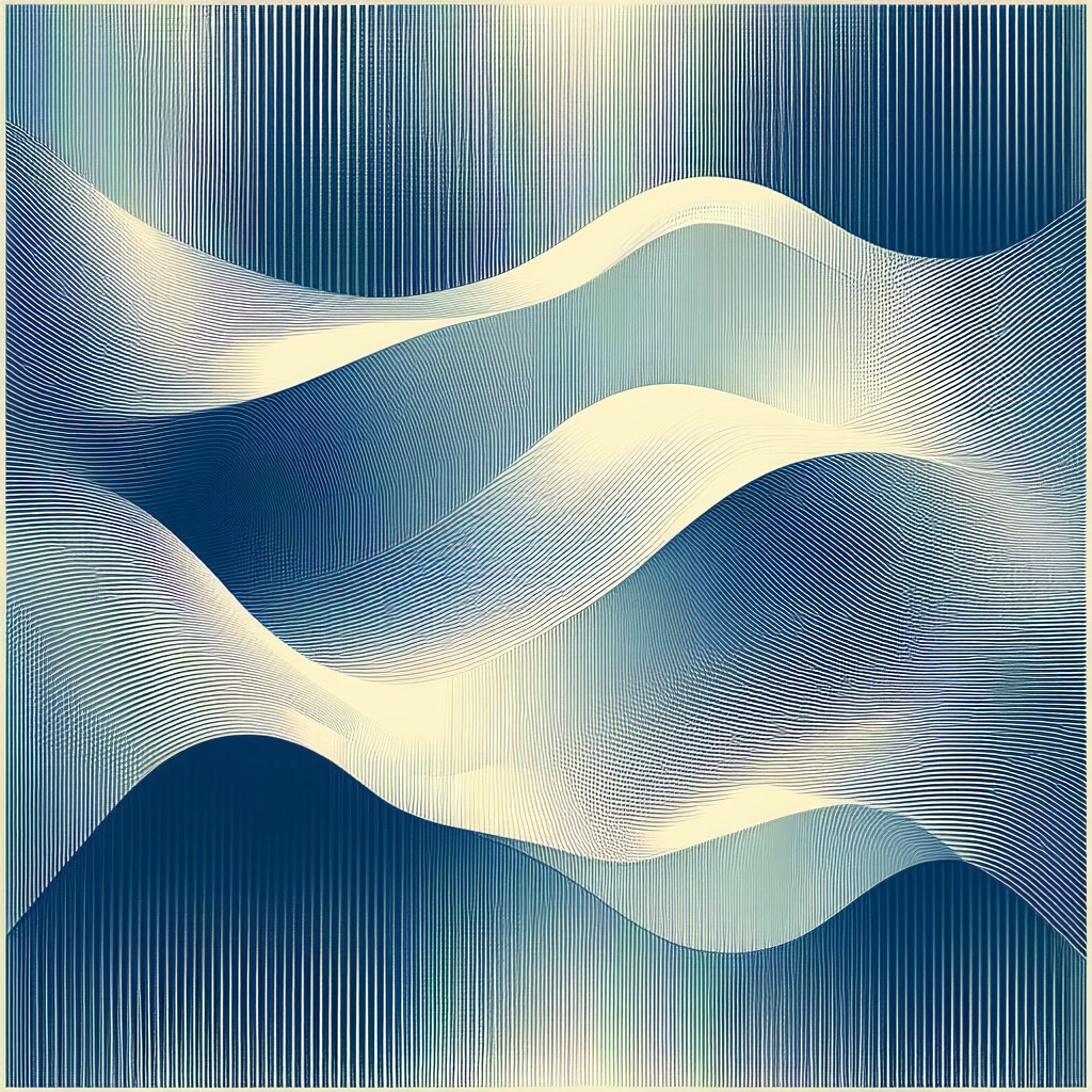 Interlocking grid of undulating vertical and horizontal lines in deep navy and soft cream, creating a woven optical illusion where the wavy stripes cr