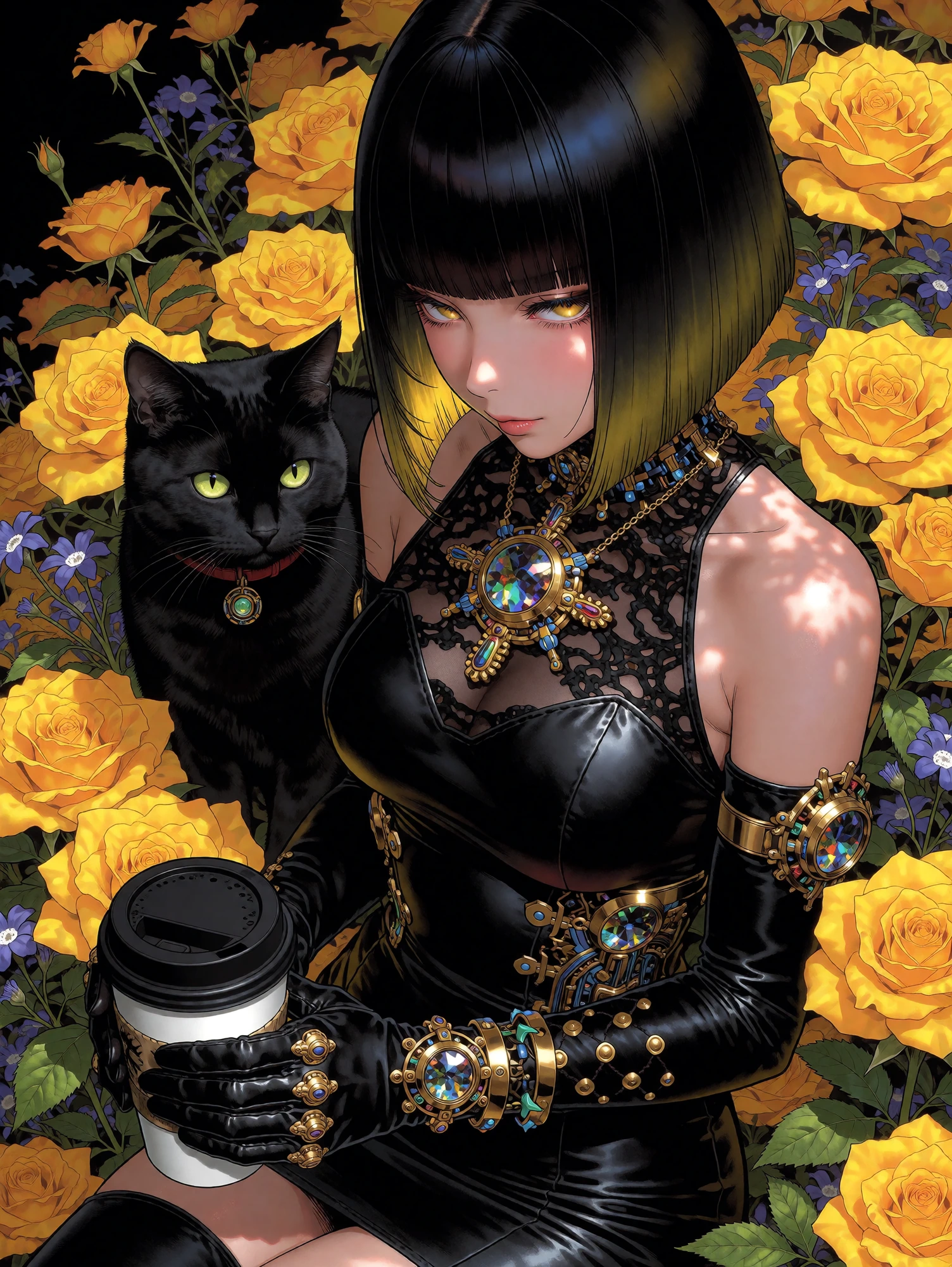 cyberclockwork style floralpunk elegant, woman black yellow ombre bob hair with her cat and coffee.