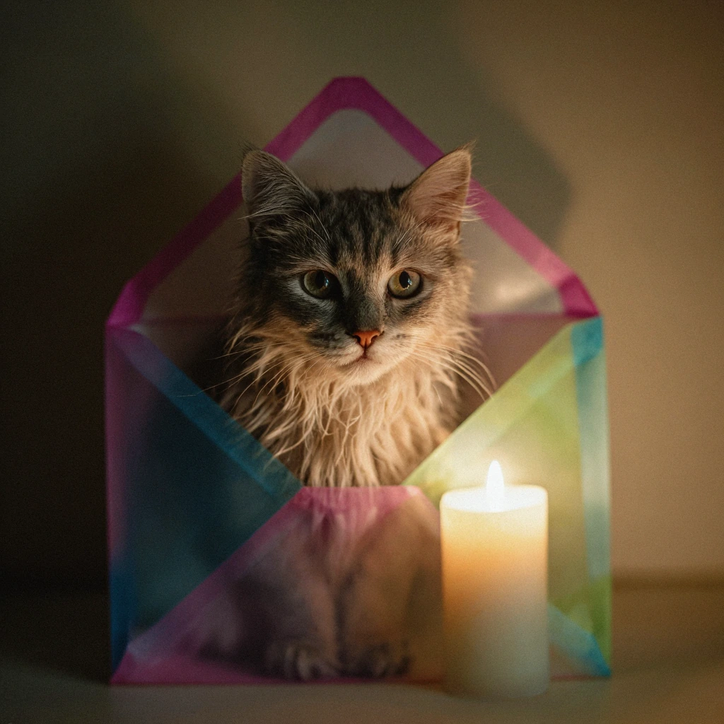 A fluffy gray cat nestled inside an oversized envelope made of layered translucent colored paper in magenta, cyan, and lime, sitting in a pocket of warm amber candlelight against a shadowy background, whimsical and intimate