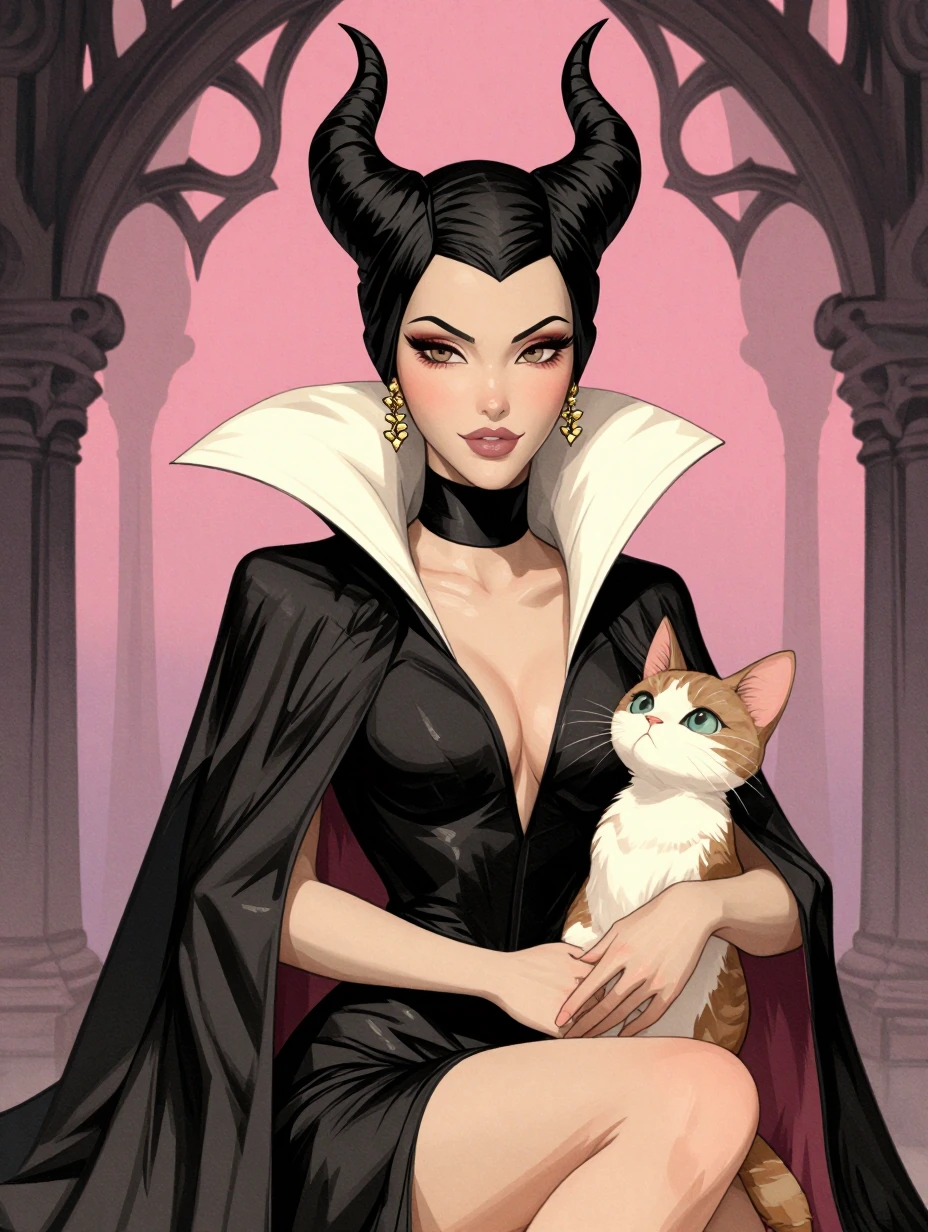 A beautiful Maleficent with a cat, watercolor manga style, gothic background aesthetic