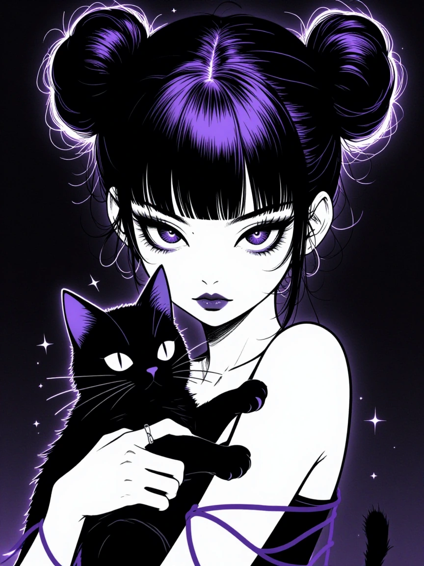 girl with twin buns and bangs holding black cat, high contrast black and white illustration with one pop of matte purple, neon glow effects, cyberpunk aesthetic, dramatic rim lighting, dark background, manga art style, ethereal and mysterious atmosph