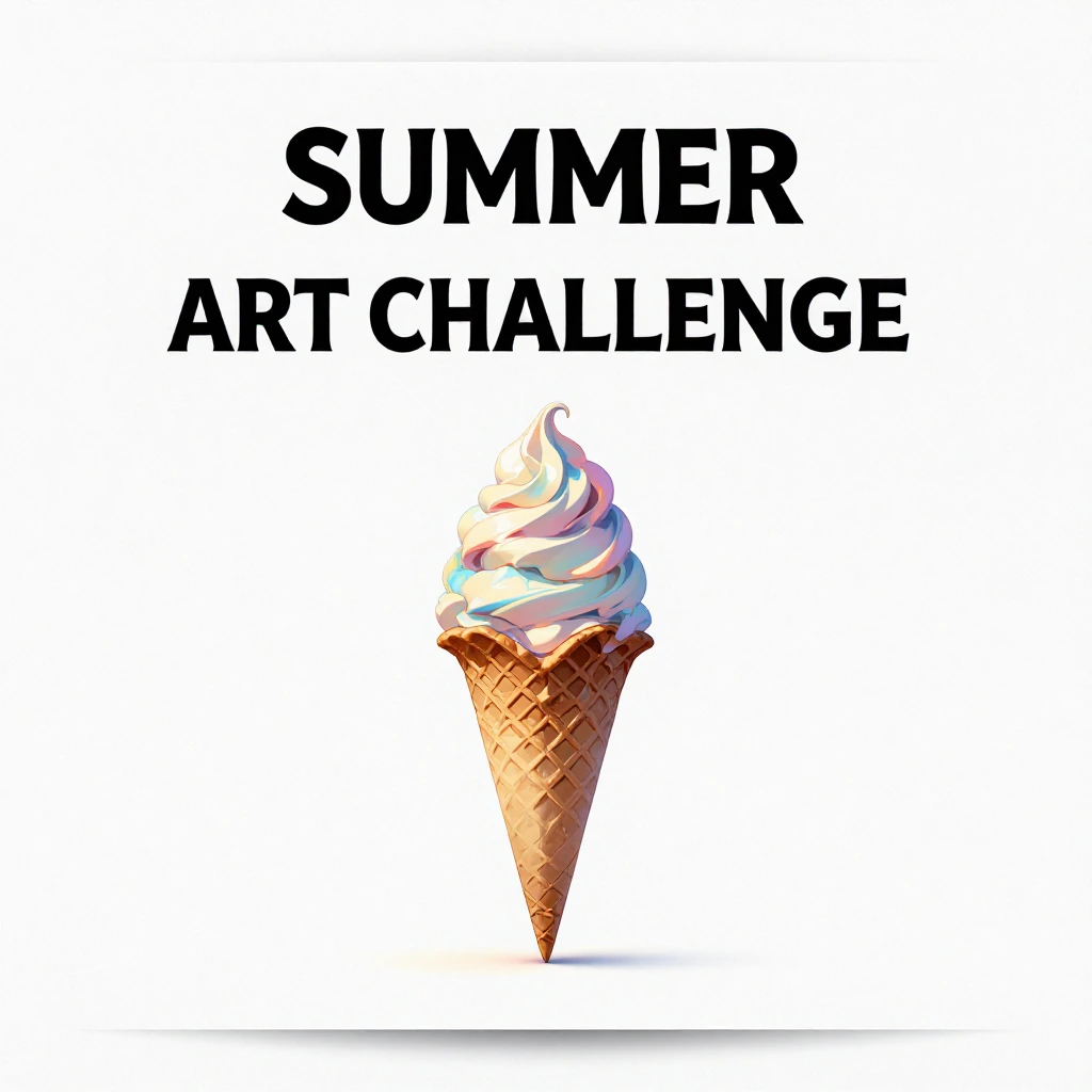 A clean modern poster for a summer art challenge, centered snow cone with crisp layered syrup colors, minimal composition, generous white space, bold 