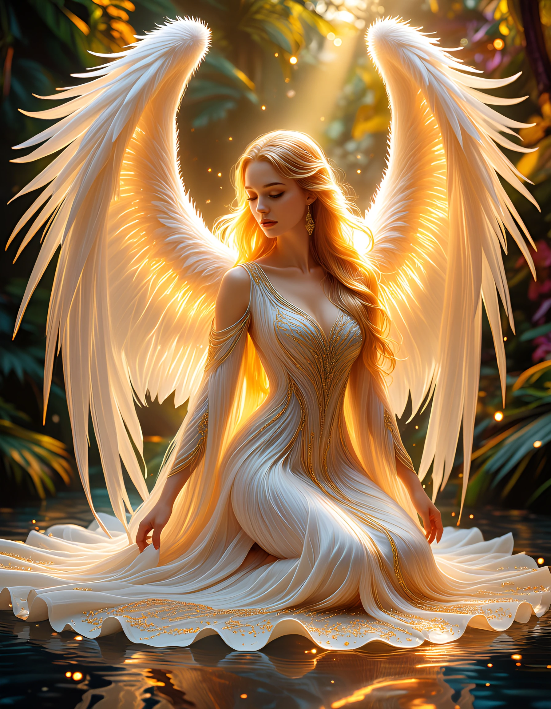 { "visual_elements": { "background": { "atmosphere": "Soft, dreamy, and ethereal", "color_palette": "Warm tones of soft gold and pale white", "lightin