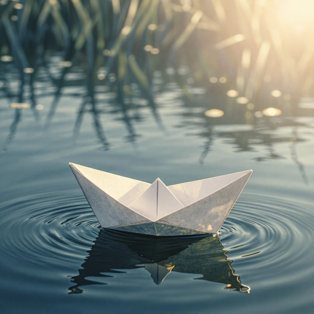 Delicate paper boat floating on tranquil river surface, extreme close-up macro photography, soft golden hour sunlight filtering through water, ethereal bokeh background with blurred aquatic plants, shallow depth of field emphasizing paper boat's intr