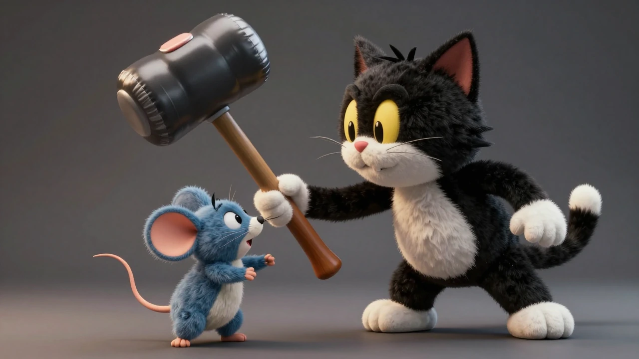 A black and white cartoonish cat puppet bonking a smaller cartoonish blue mouse puppet with a big inflatable hammer