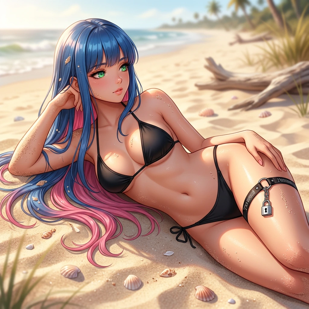 Masterpiece, best quality, ultra-detailed digital illustration, highly polished rendering. Blue Dream lying naturally in the sand on a sunny beach, body slightly turned to the side, one arm bent under her head like a pillow and the other resting rela