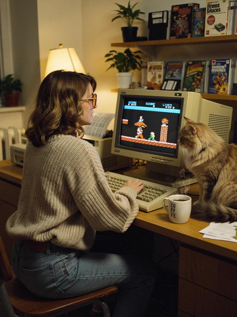 1980s computer set up with a dot matrix printer, we see a 1980s video game on the computer screen, woman, and cat sitting at the desk, coffee