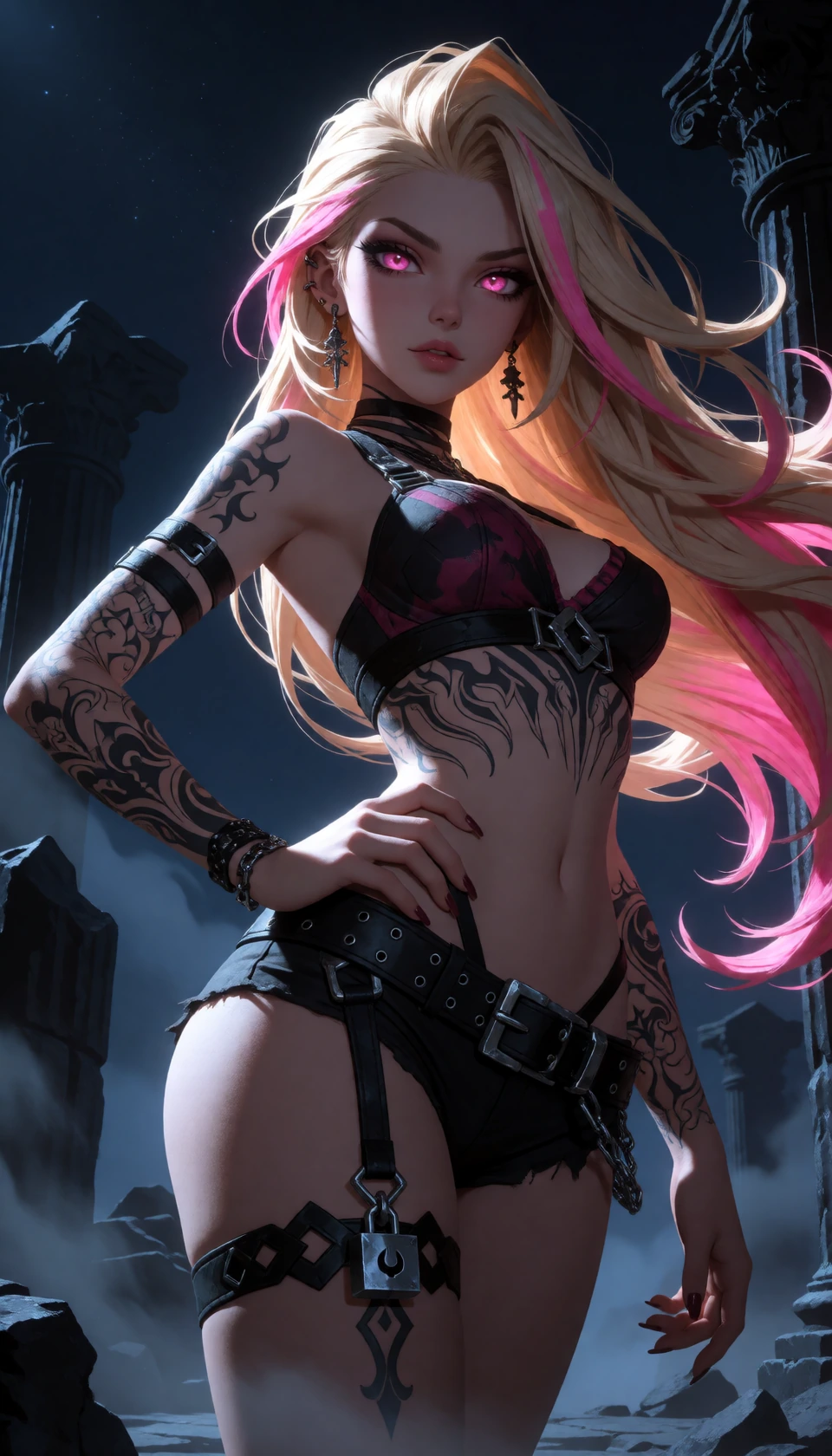Masterpiece, best quality, ultra-detailed digital illustration, cinematic lighting, highly polished rendering, sharp clean lines, beautiful stylized proportions. Trouble Chaos standing confidently in ancient ruins at night. Long blonde hair with brig