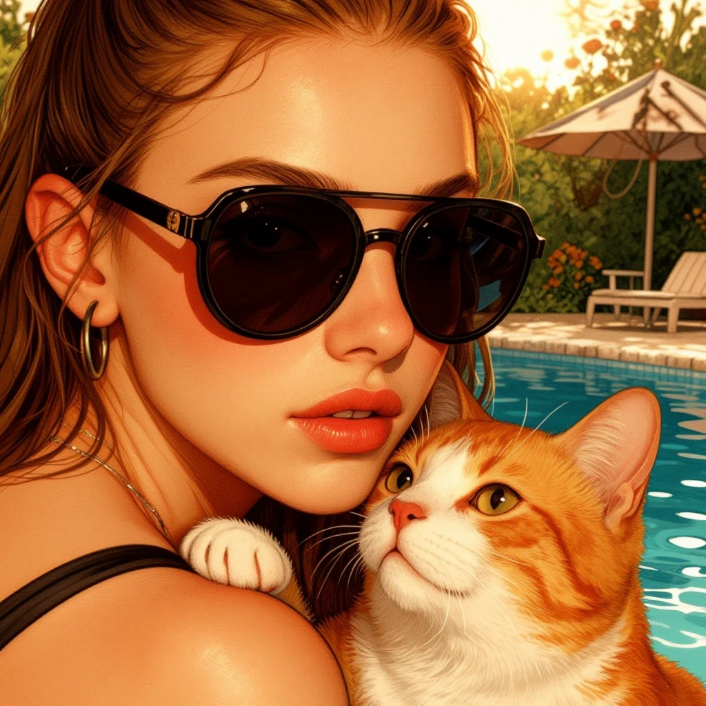 Close-up of a woman's face wearing oversized sunglasses next to an orange cat by the poolside on a golden afternoon, watercolor-realistic hybrid illustration with warm lighting