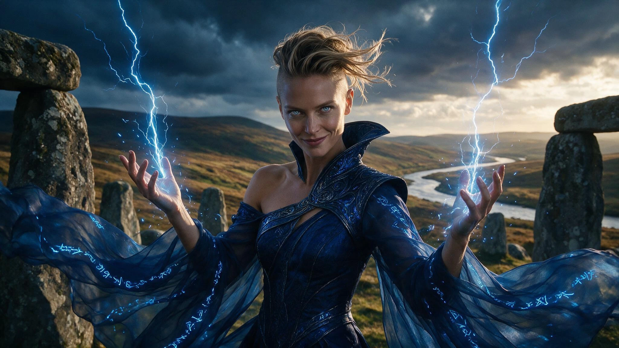 Shaved Undercut Dark blonde supermodel with ice-blue eyes and mischievous smile, bare shoulders, Blue Celestial Robes inscribed with arcane symbols, channelling mystical lightning energy within an ancient standing stone circle, beautiful English wind