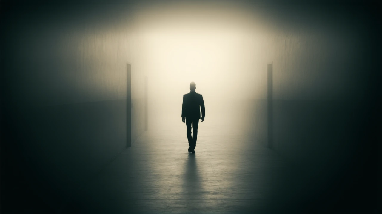 A figure walking down an endlessly repeating hallway rendered as a double exposure: their silhouette overlaid with itself slightly offset, creating gh