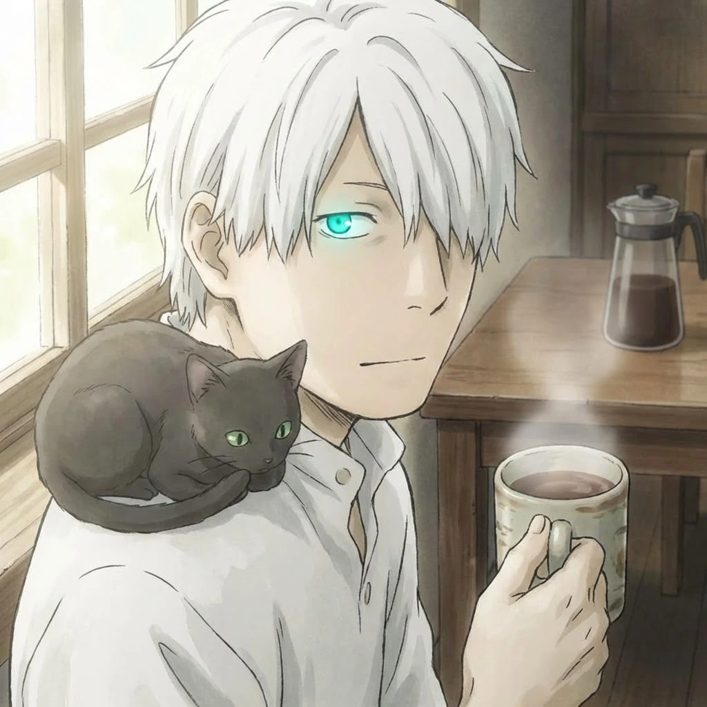 Closeup Mushi-shi Ginko with a cat and coffee in the morning, animated style, beautiful design, turquoise eye.