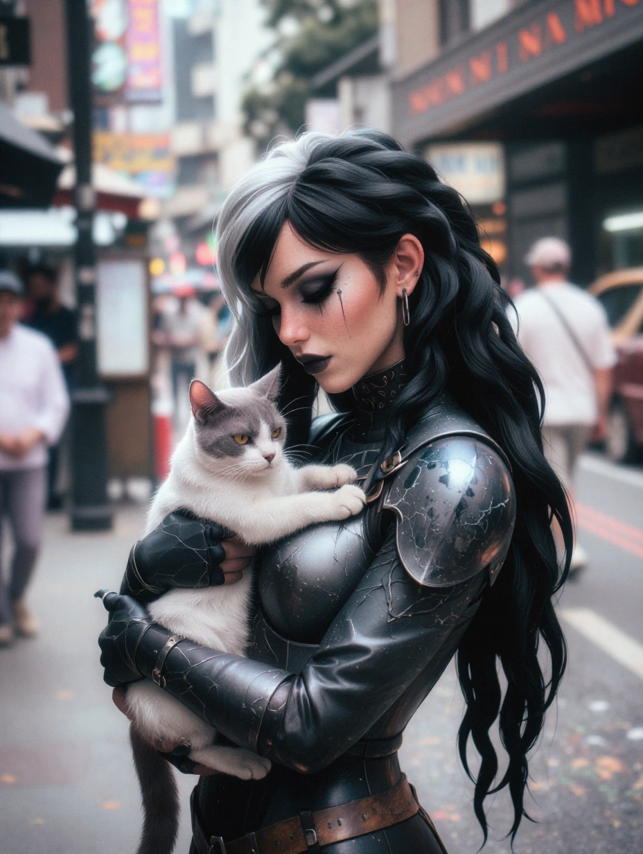 Woman long black silver hair, dark souls tight boss armor, with a cat, goth background manga