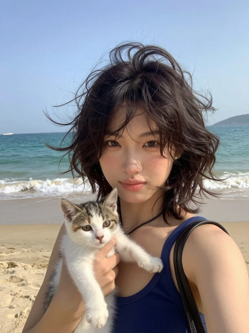 Crazy girlfriend hair made of ocean wavestaking a selfie with a tiny kitten. We see a beautiful beach you behind her.