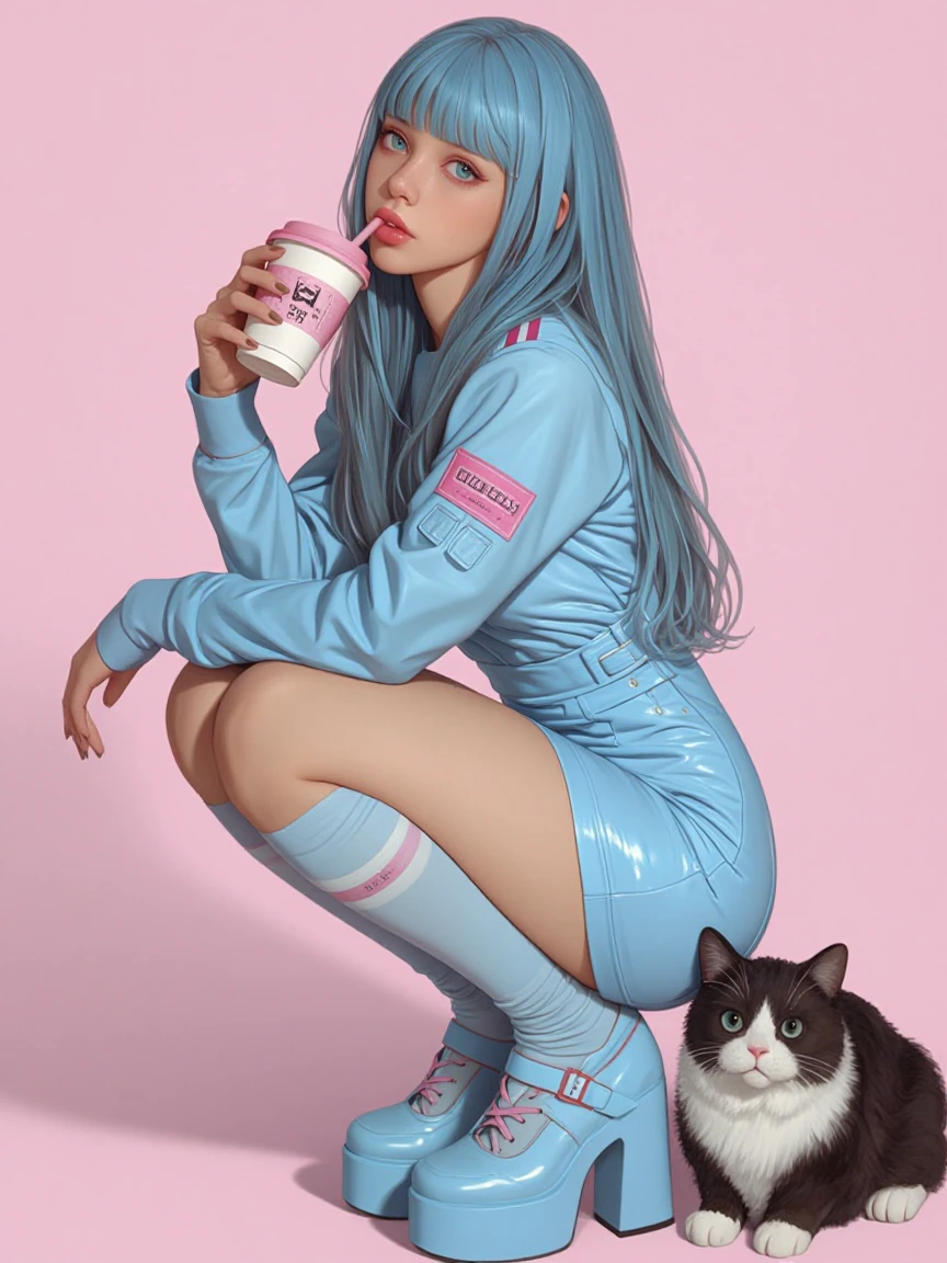 Woman powder blue hair, powder blue mini dress, platform shoes, powder blue background. Coffee, and a cat.