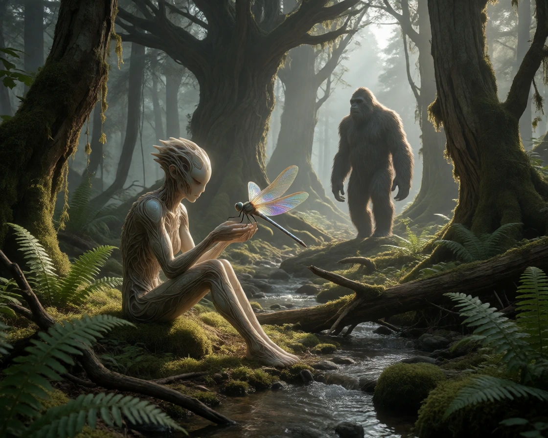 Surreal forest with tall trees and soft diffused light. In the foreground, an alien‑like humanoid with elongated limbs and intricate organic textures gently holds a large dragonfly. In the background, a massive ape‑like Bigfoot figure stands among th