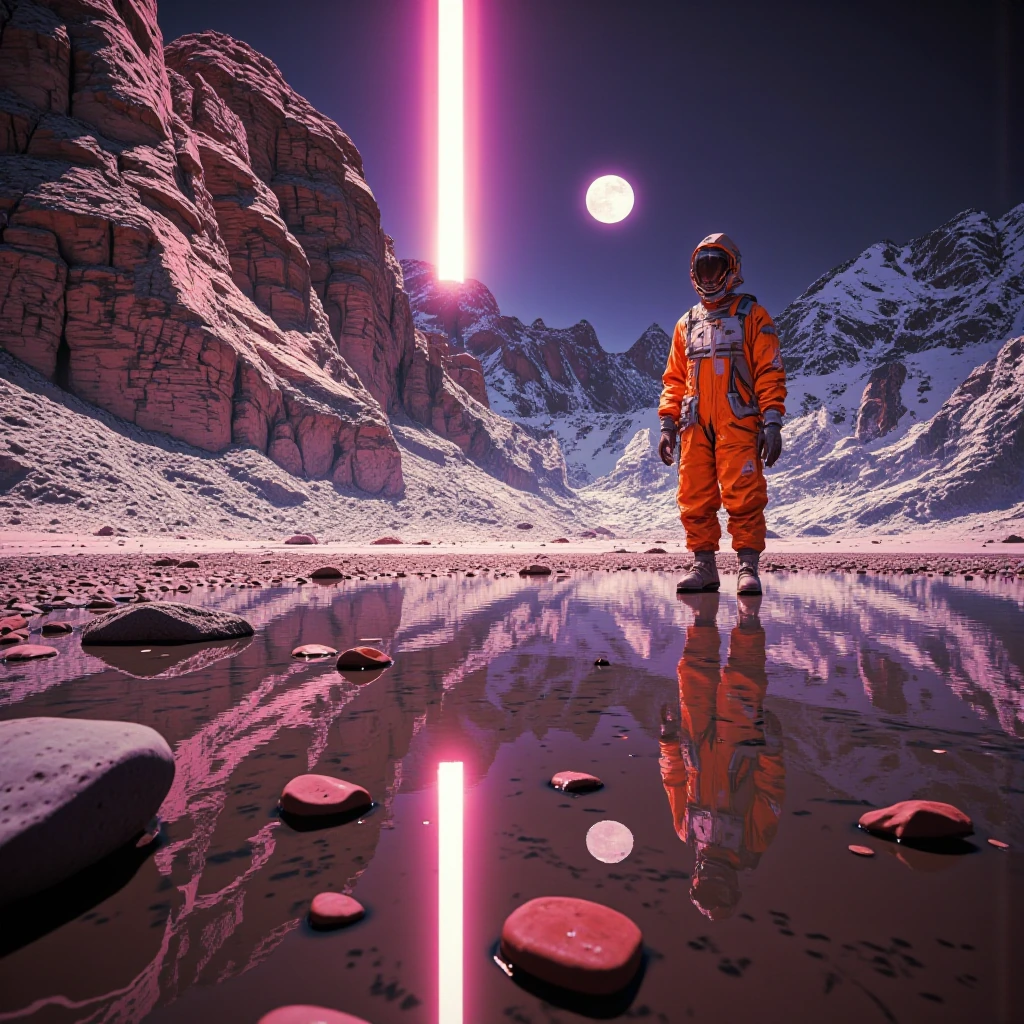 RAW, photography,(artaix,film grain, glitch art,photography), Magazine editorial, photonegative refractograph of (dynamic camera,dynamic composition),A lake of liquid methane, its surface perfectly still and mirror-like, reflecting a sky with two sma