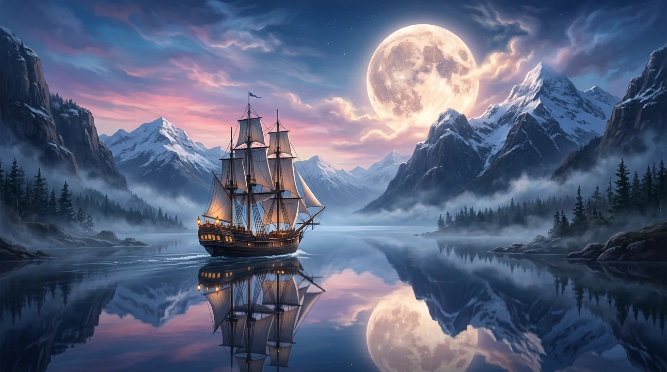 A majestic sailing ship glides across a calm, reflective body of water, surrounded by towering, snow-capped mountains under a dramatic, oversized full moon. The scene is bathed in ethereal light, with a soft gradient of pink and purple hues in the sk