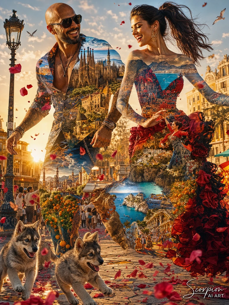 Spain 🇪🇸 Theme: Mediterranean Passion Prompt: Create a hyper-realistic cinematic double exposure masterpiece featuring a bald man with a trimmed beard and sunglasses beside a bombshell brunette with a high ponytail dancing joyfully through Spain whil