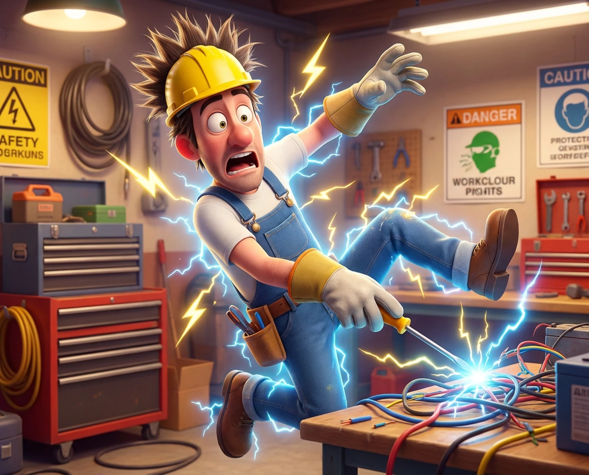 A funny cartoon-style illustration of a man dressed as an electrician, wearing a yellow hard hat, blue overalls, and safety gloves, holding a screwdriver in his hand while accidentally touching exposed electrical wires and getting a visible electric 