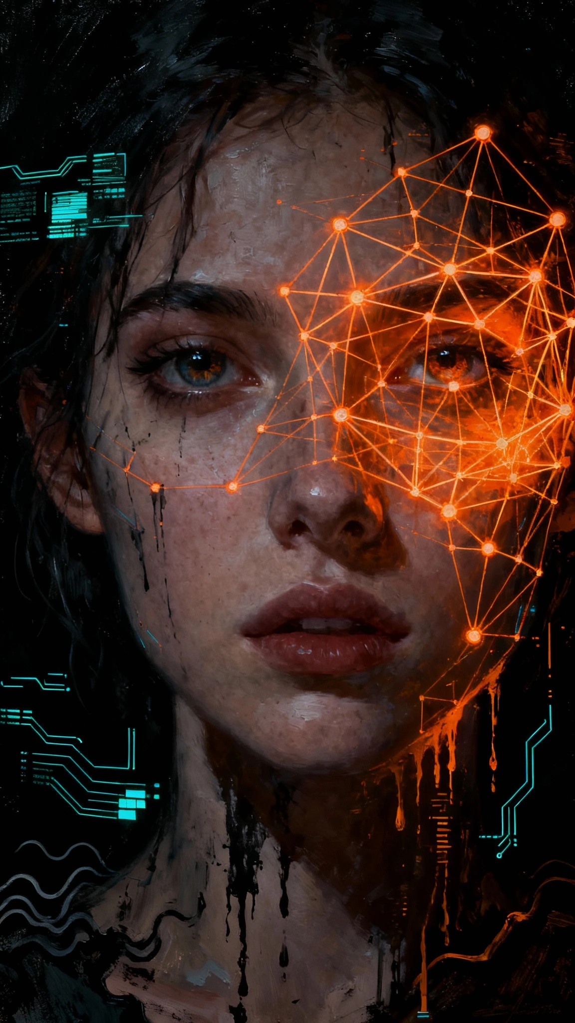I am a bug in the system, a soul sinking into black ink under the weight of data. Half flesh, half a…