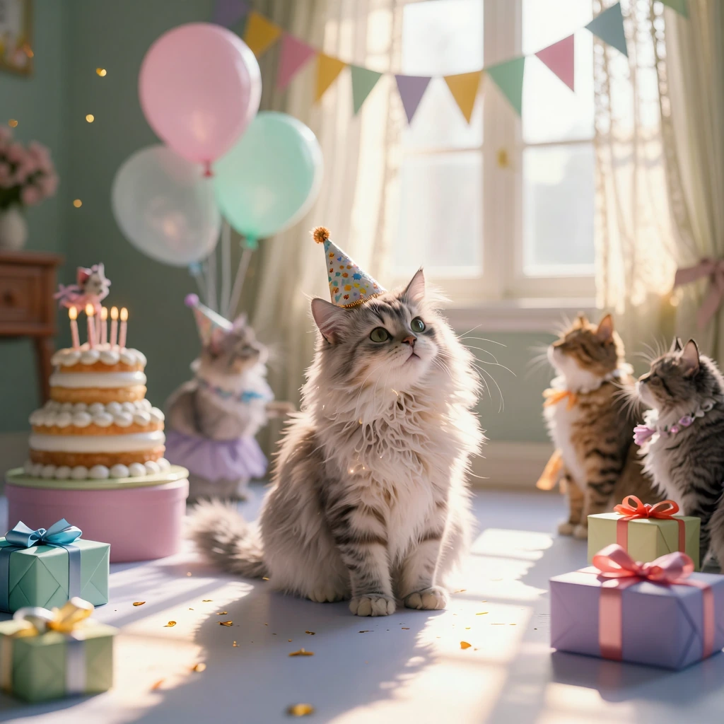 A whimsical birthday celebration featuring a fluffy tabby cat as the jubilant center of attention, surrounded by pastel-colored balloons in soft pink,