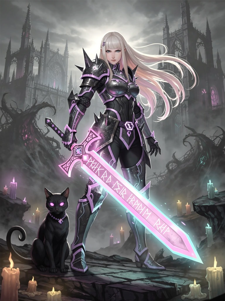 Beautiful woman, platinum ombre hair, warrior, with a cat and a huge neon sword, pastel goth, dark souls style