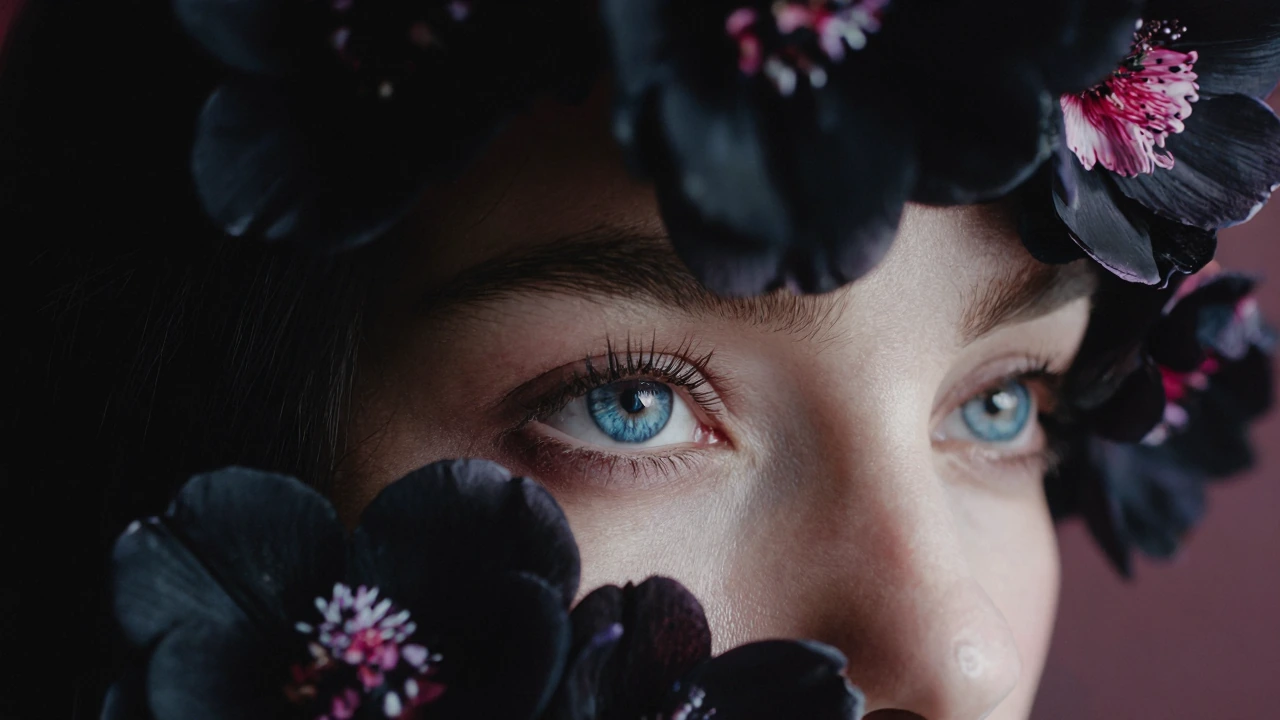 extreme macro cinematic portrait of a woman’s face, focus on eyes, bright blue eyes, long dark eyelashes, soft natural skin texture, glossy highlights